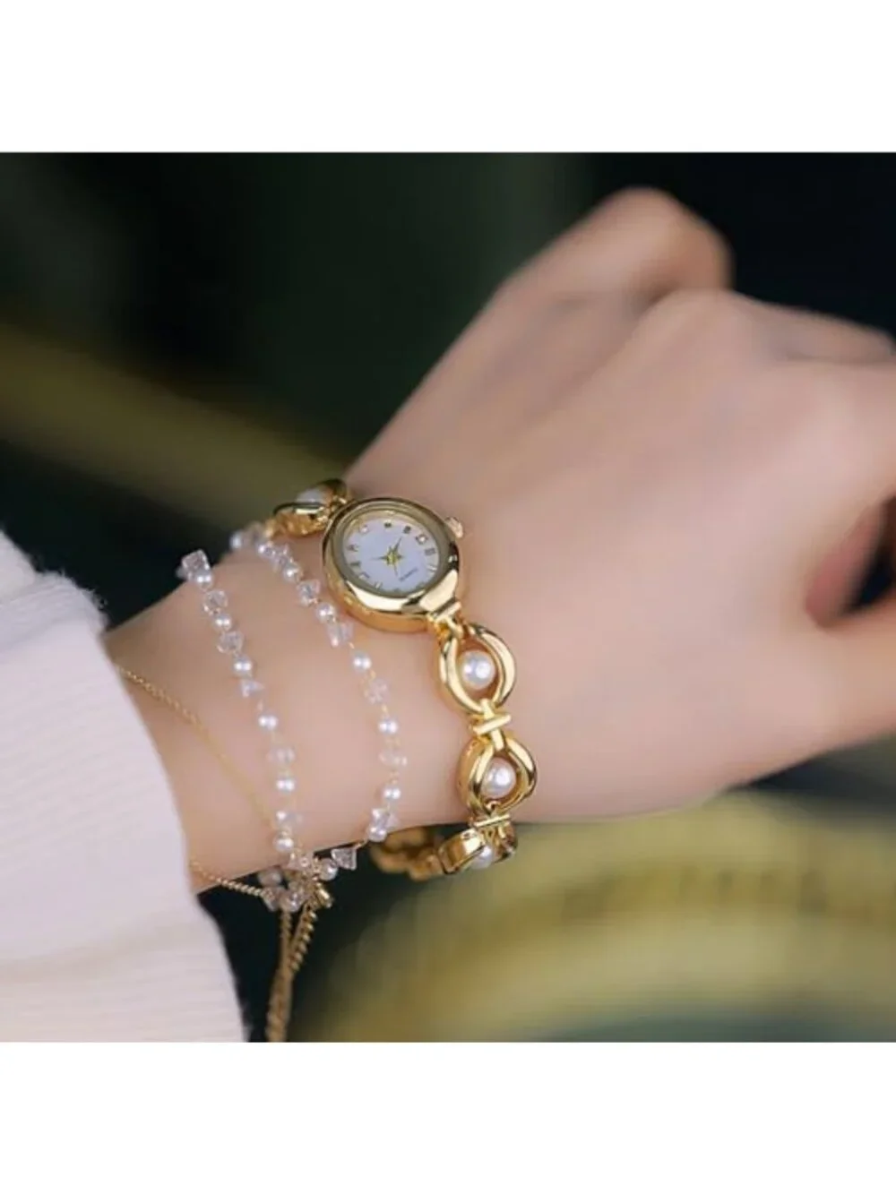 Elegant Pearl Women's Dress Watch - Fashion Oval Dial, Waterproof Gift Timepiece